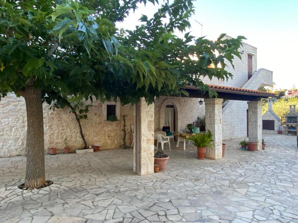 セルヴァ・ディ・ファザーノにあるLa Villa di Cristinaの木とパティオのある石造りの家
