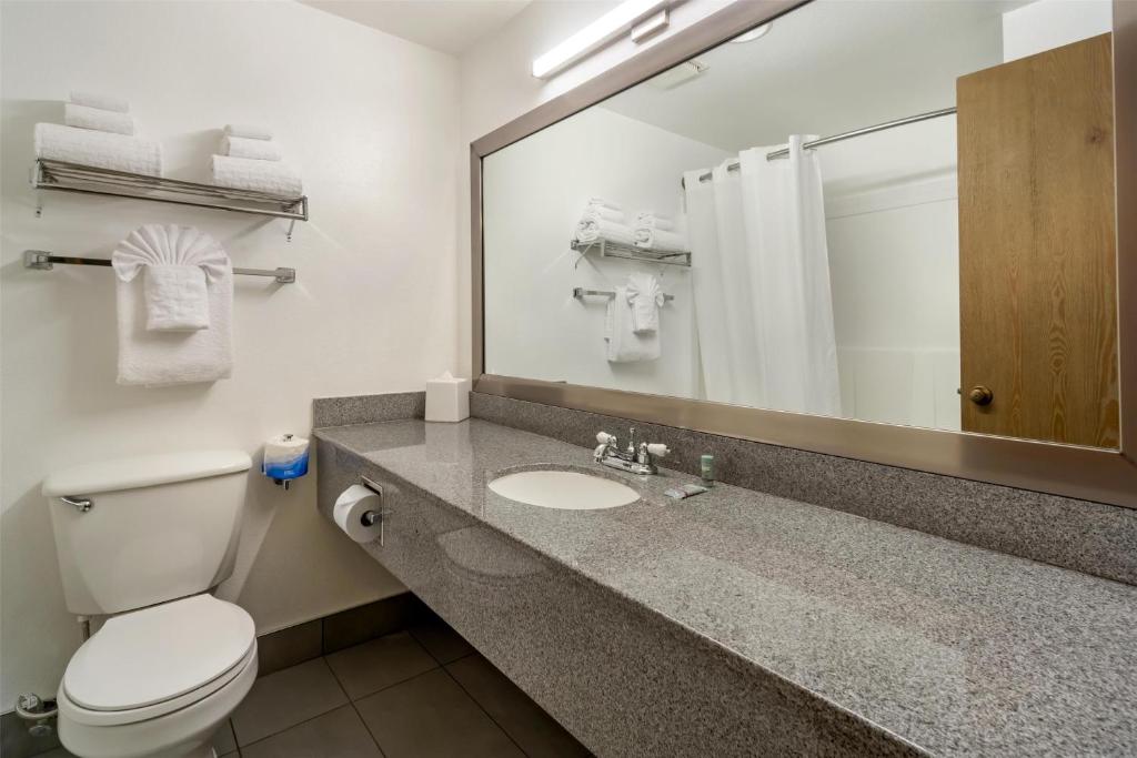 a bathroom with a toilet and a sink and a mirror at Best Western Seattle Airport Hotel in SeaTac