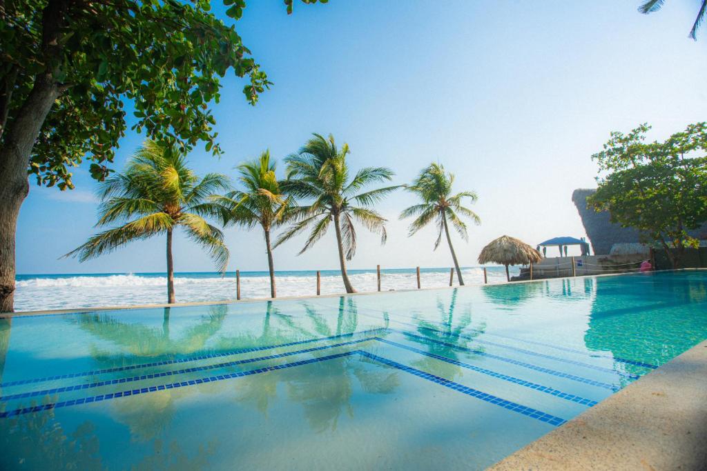 Eco Suites El Zonte في لا ليبرتاد: حمام سباحة بجوار شاطئ به أشجار النخيل