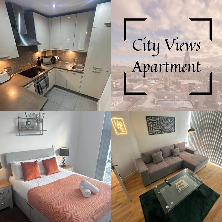 City View One Bedroom Apartment في ليفربول: مجموعة من الصور لشقة مطلة على المدينة
