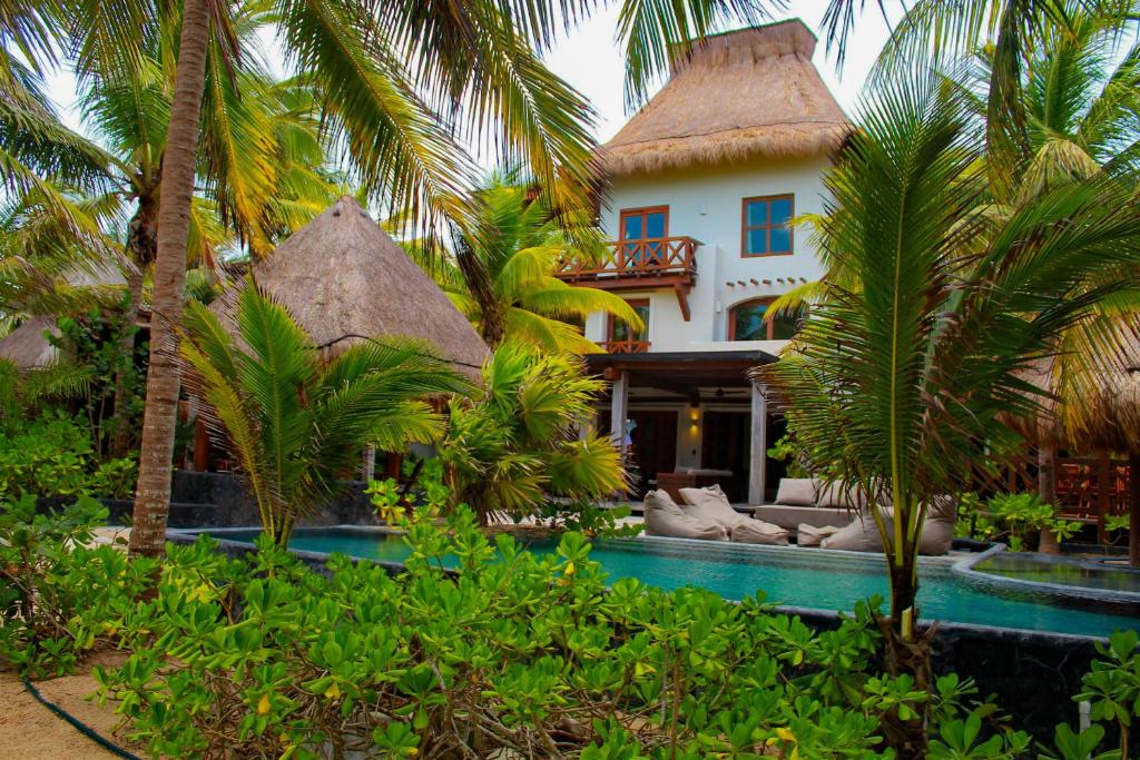 a villa with a swimming pool and palm trees at Delos Luxury Villa in Uaymitun