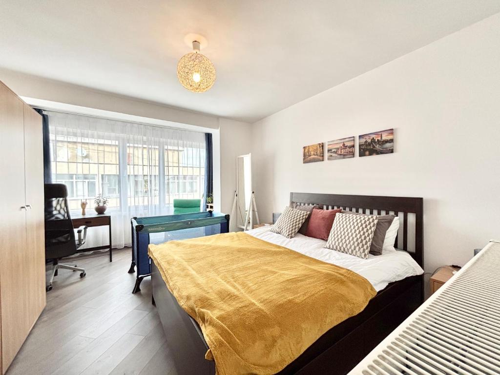 ティミショアラにあるOspitalier Apartments Piata Opereiのベッド、机、窓のある寝室