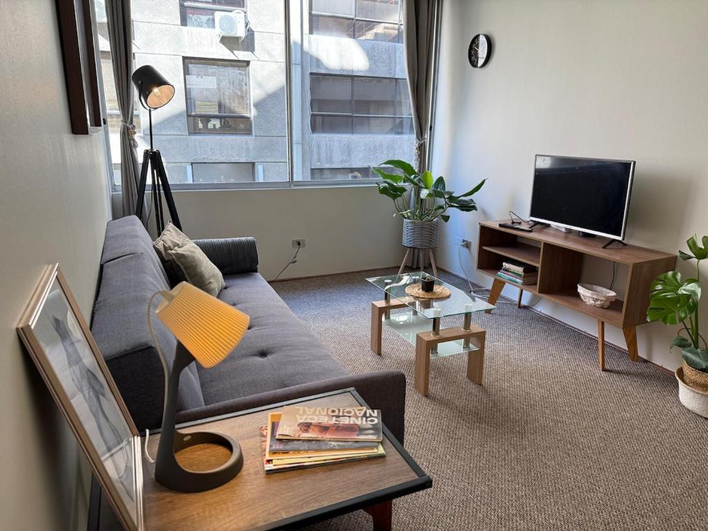a living room with a couch and a tv at Modern refuge in the Heart of Providencia in Santiago