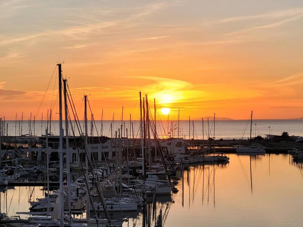 un groupe de bateaux amarrés dans une marina au coucher du soleil dans l'établissement Quartier du port Appartement t4 pour 8 personnes N12, à La Grande Motte