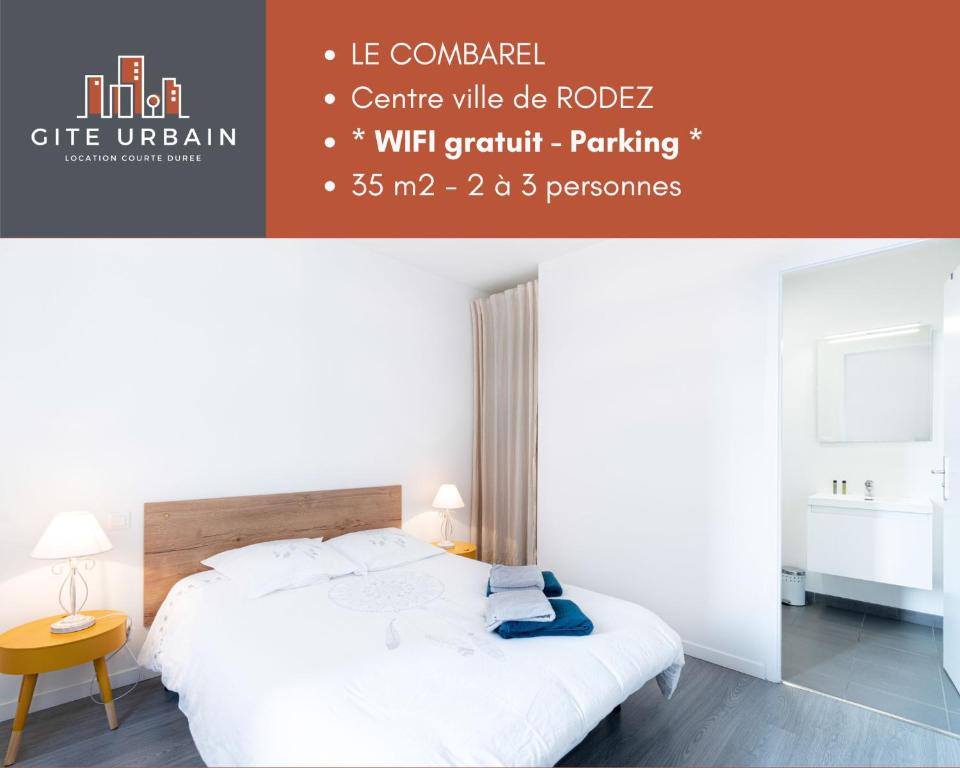 un collage de 2 fotos de un dormitorio con cama en Le Combarel, en Rodez