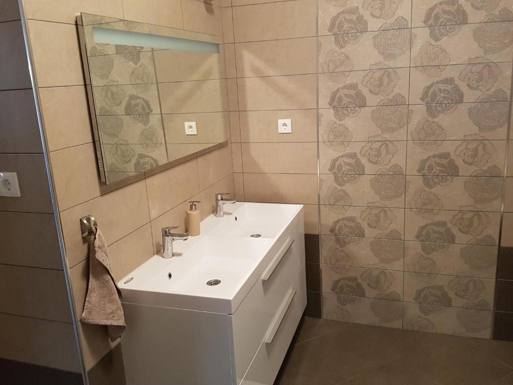 a bathroom with a white sink and a mirror at Apartments Tereza in Senj