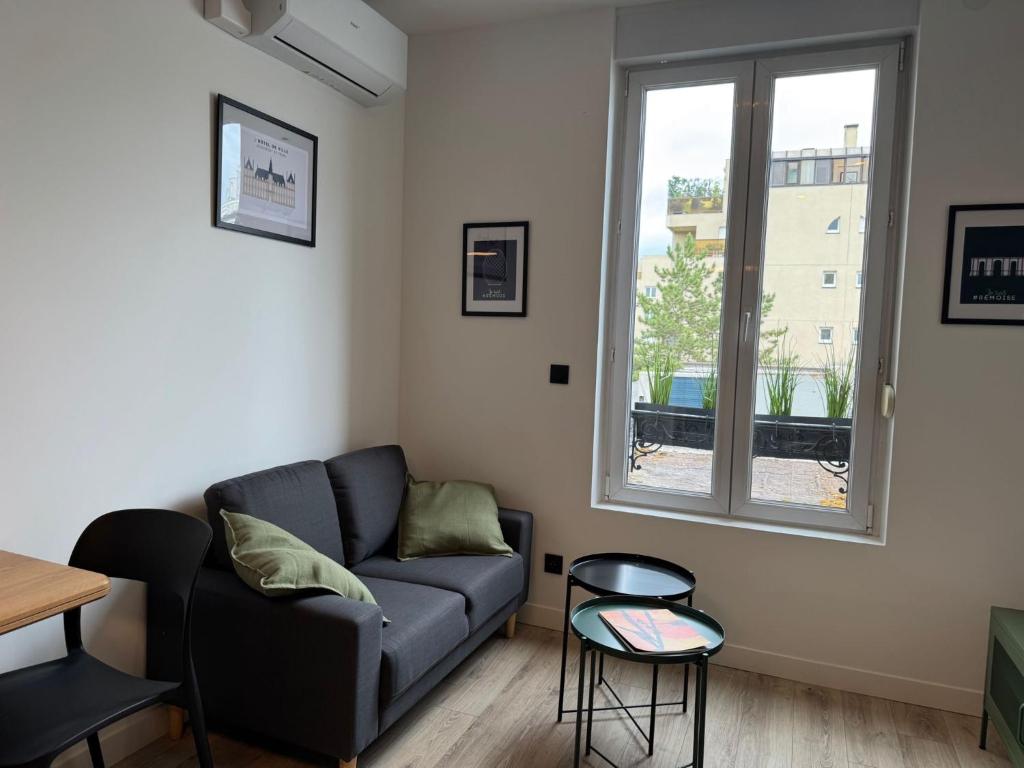 un salon avec un canapé et une fenêtre dans l'établissement Rêves et bulles, à Reims