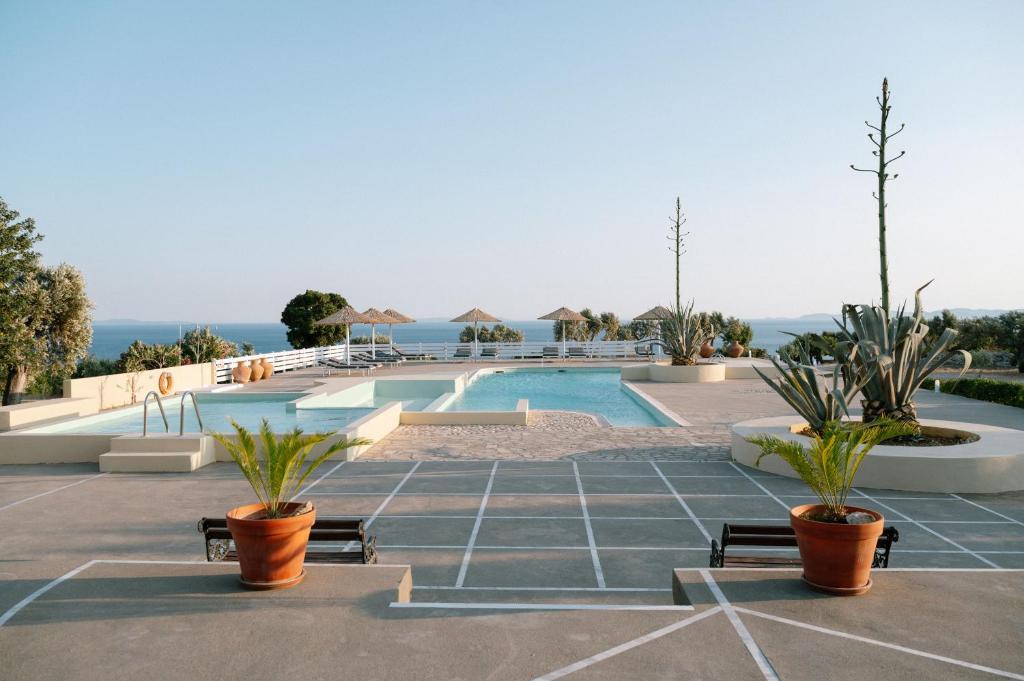 a swimming pool with two potted plants on a patio at Mandilada Family Village - Seaview Villas in Marathokampos