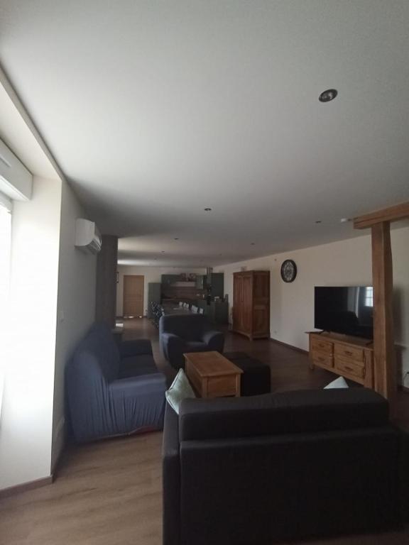 un salon avec un canapé bleu et une télévision dans l'établissement La maison du Vicomte, à Varennes