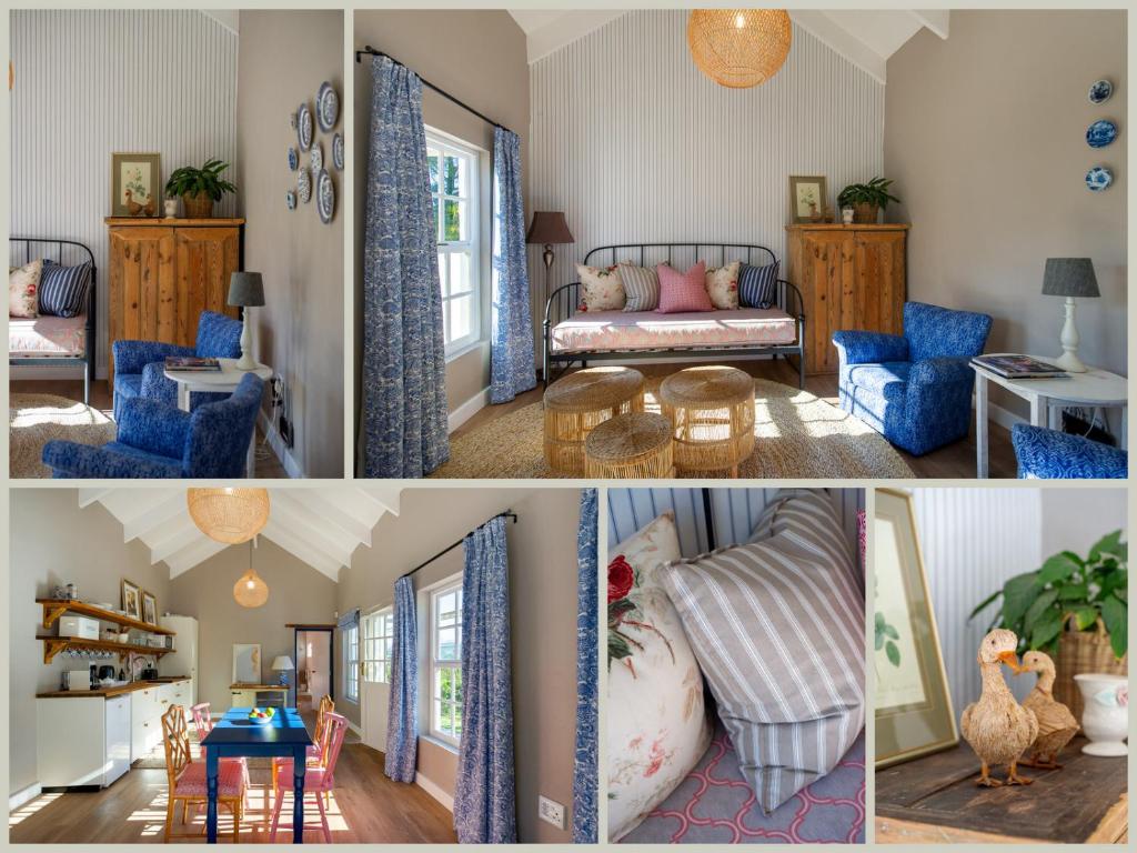 2 Bilder eines Wohnzimmers mit blauen Möbeln in der Unterkunft Crabapple Cottage, Cheverells Farm in Oudebrug