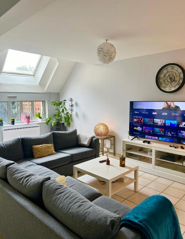 un salon avec un canapé et une télévision à écran plat dans l'établissement Maison calmer & confort, au Mans