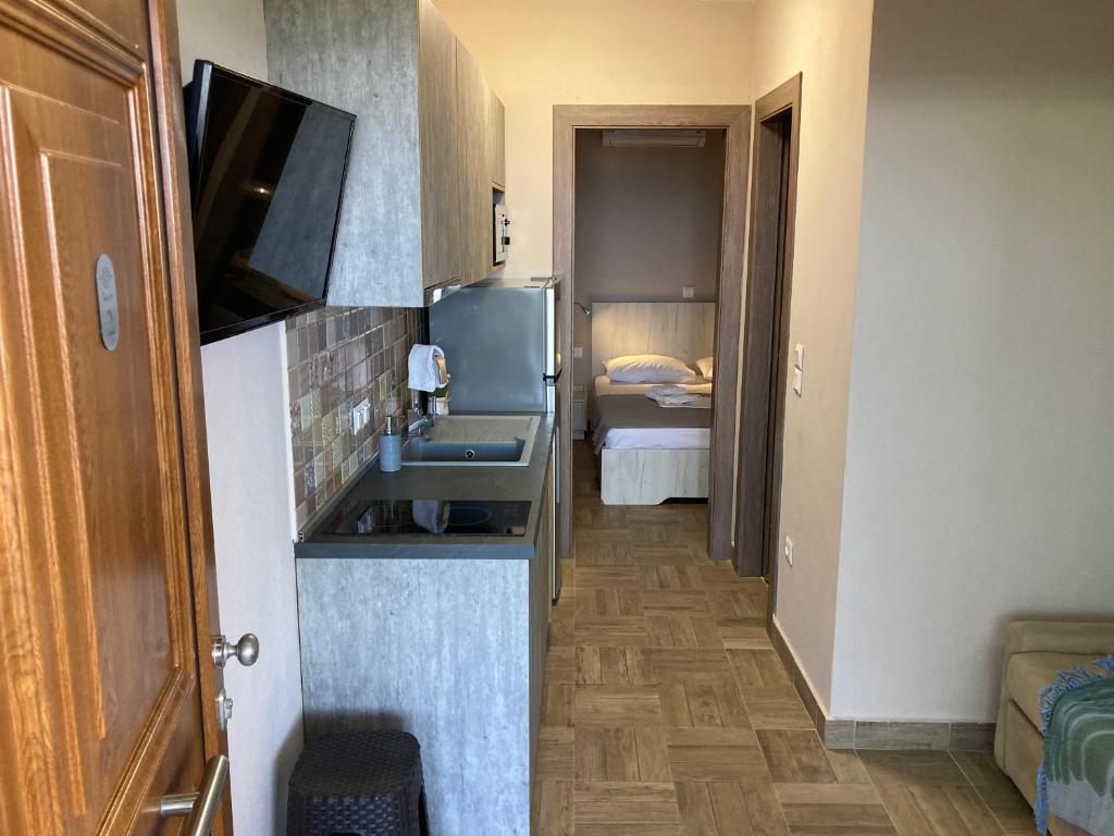 Kuchyň nebo kuchyňský kout v ubytování Thealos Rooms