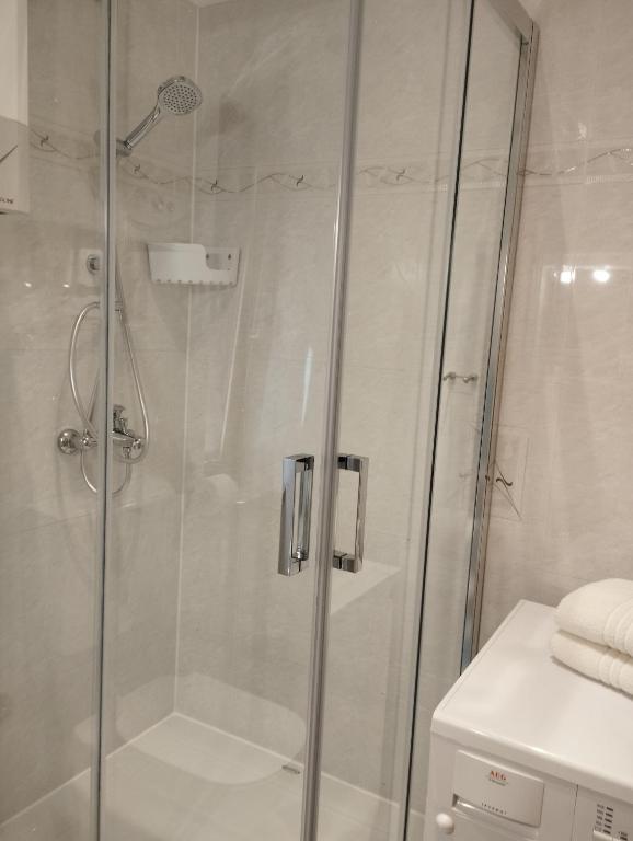 W łazience znajduje się prysznic ze szklanymi drzwiami. w obiekcie Apartment Atlantis w Puli