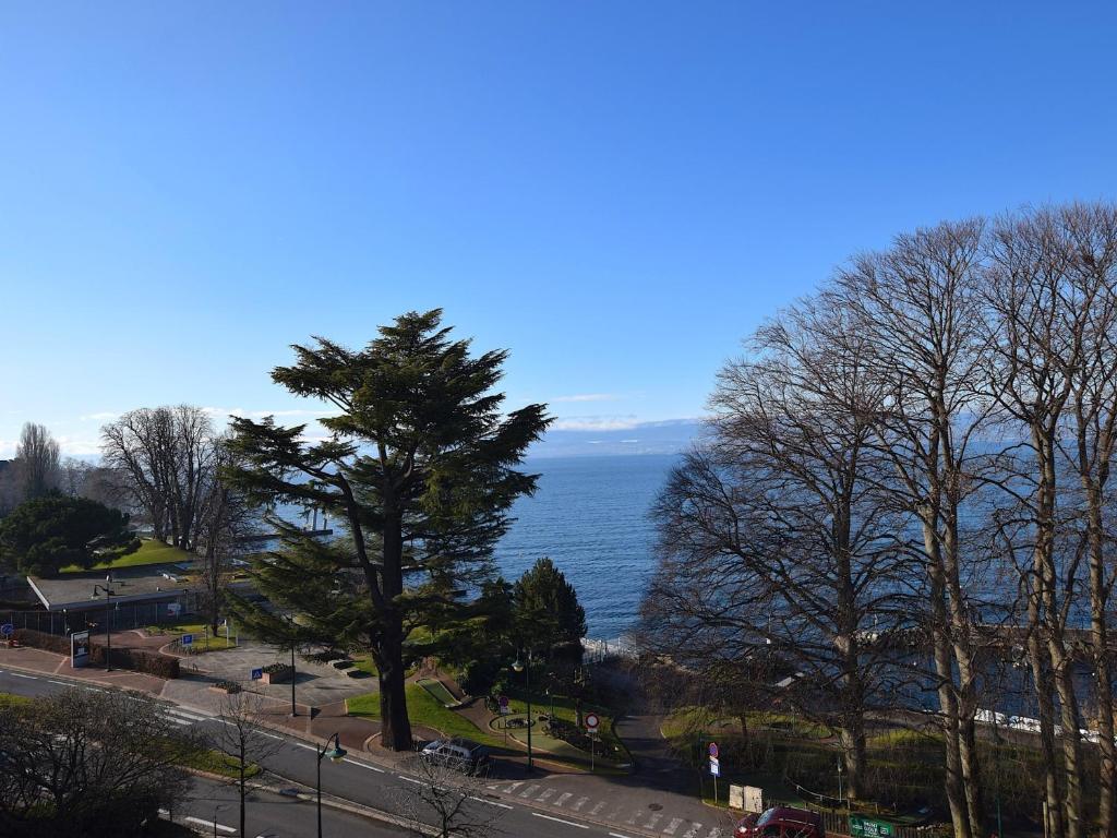 a tree on the side of a road next to the ocean at Appartement cozy au centre d'Évian pour 4 personnes - FR-1-498-58 in Évian-les-Bains