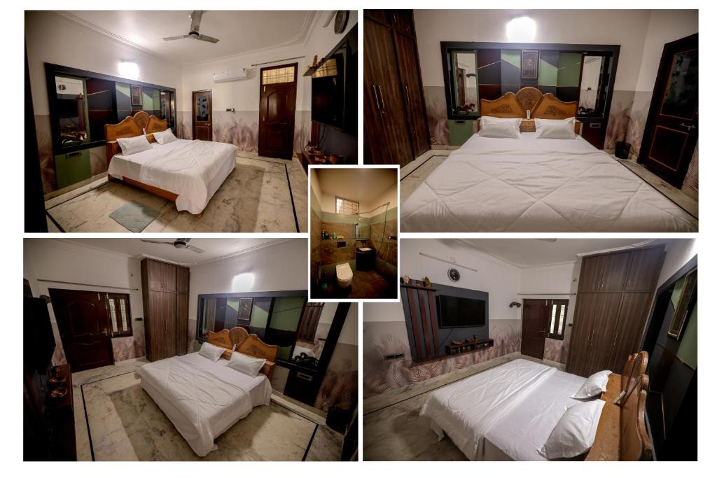 a collage of four pictures of a bedroom with two beds at Brijwasi Bhawan in Udaipur