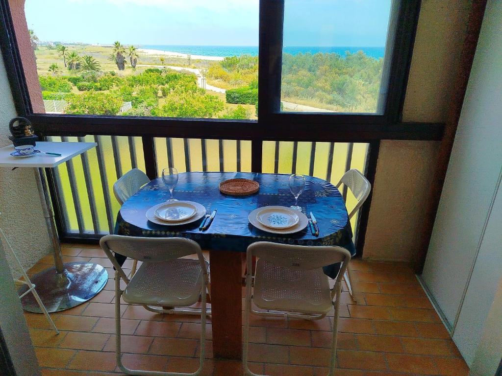 d'une table et de chaises sur un balcon avec vue sur l'océan. dans l'établissement Front de mer pour ce t2 dans résidence avec piscine collective -4TRO94, à Saint Cyprien Plage
