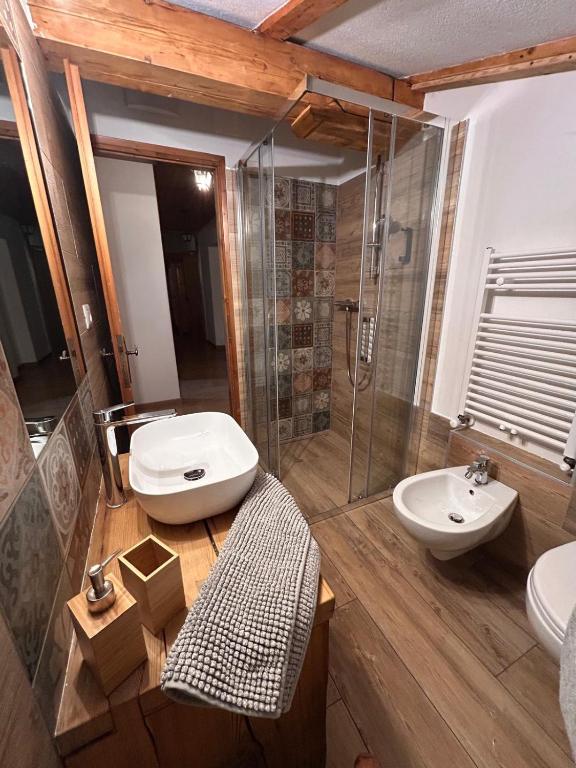 łazienka z umywalką, toaletą i prysznicem w obiekcie Agritur Broch w mieście Fiera di Primiero