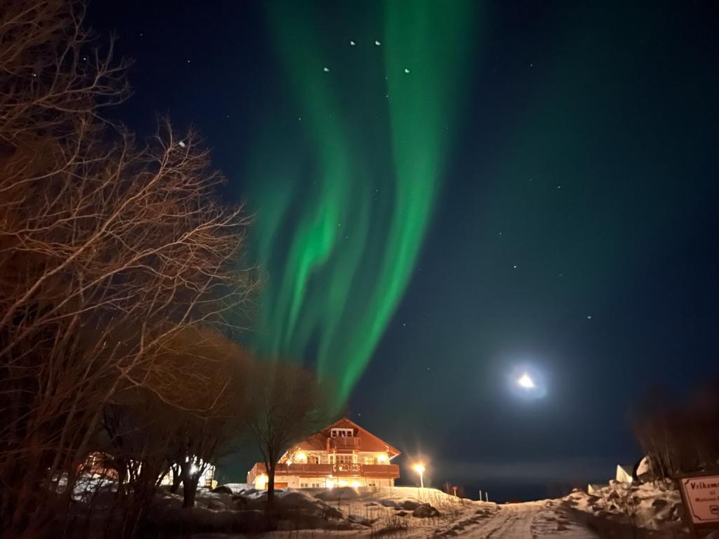 an image of the aurora in the sky over a house at Huset ved fergekaien på Moskenes in Moskenes
