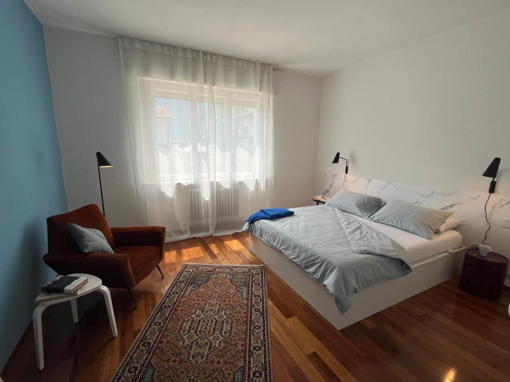 リーヴァ・デル・ガルダにあるDueOlivi - Appartamento Blueのベッドと椅子と窓のある寝室