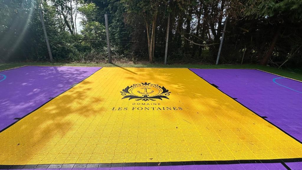 un terrain de basket violet et jaune avec un panneau dessus dans l'établissement Domaine Les Fontaines, à Marchésieux