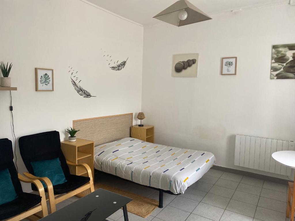 a bedroom with a bed and a chair in it at A&J Studio - Bonny sur Loire -Châteaux de Guedelon- Pont Canal in Bonny-sur-Loire
