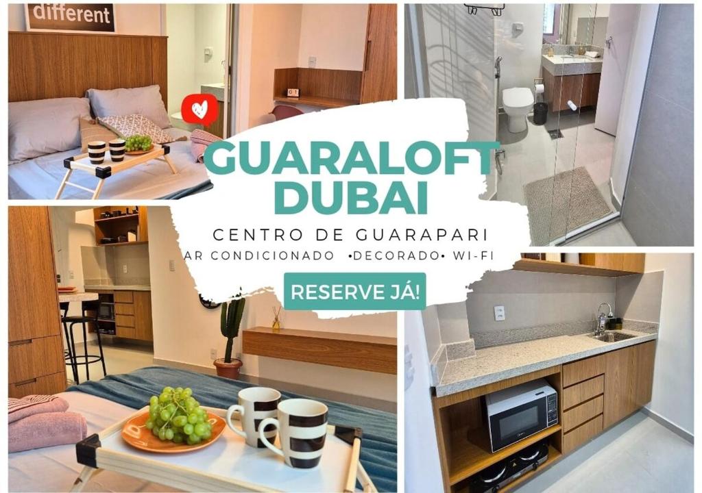 a collage of photos of a kitchen and a living room at Guaraloft DUBAI Centro de Guarapari in Guarapari