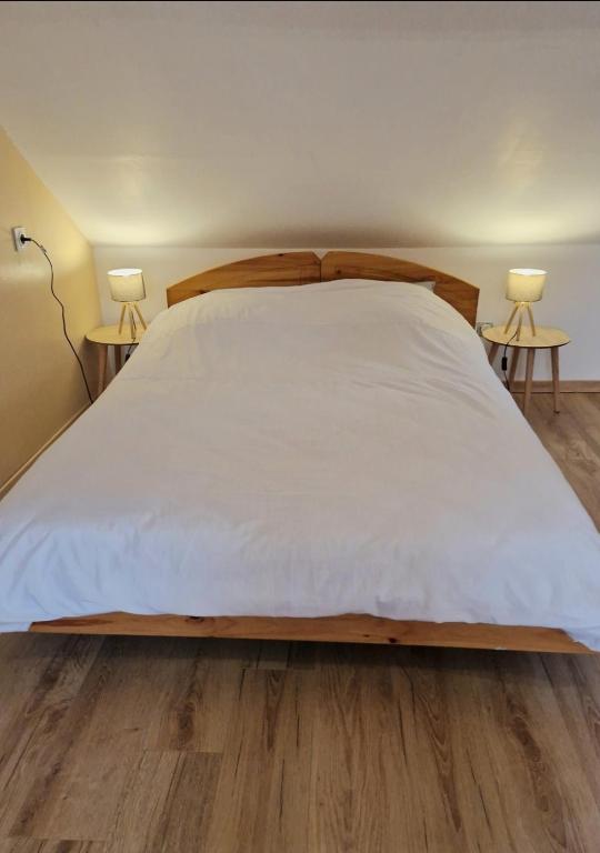 Cette chambre comprend un lit avec des draps blancs et du parquet. dans l'établissement Appartement Plein Centre, à Saint-Quentin