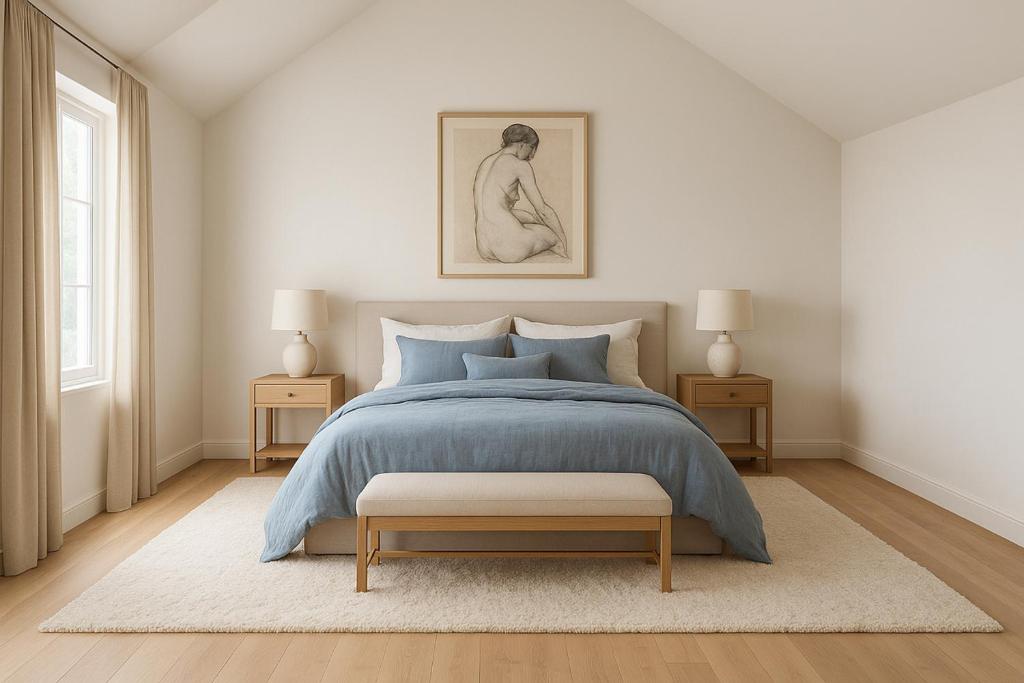 ein Schlafzimmer mit einem Bett und zwei Tischen mit Lampen in der Unterkunft La Folie Giverny - Villa Premium - 3 Suites VIP - 8 Pièces 150M2- Centre Village - Maison privatisée -Jardin paysagé - Parking- in Giverny