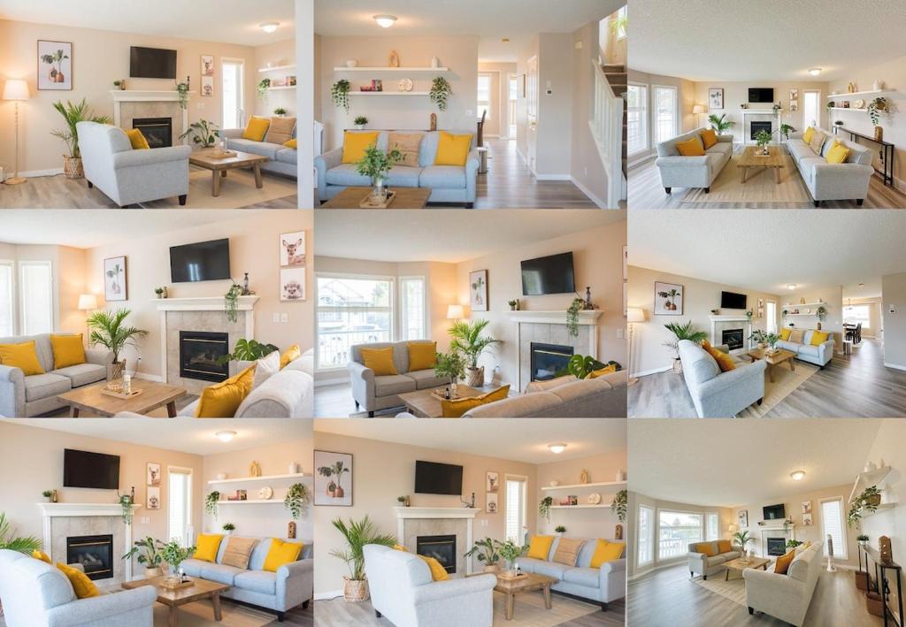 a collage of four pictures of a living room at Cozy Calgary Hideaway in Calgary
