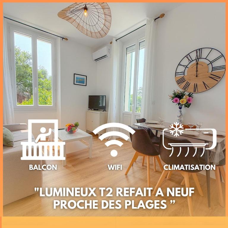 a living room with a large clock on the wall at Le Margot By ApiRent #Climatisation #Wifi #Balcon in Cannes