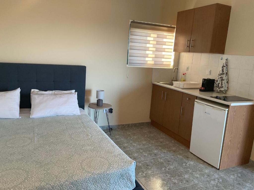 sypialnia z łóżkiem i małą kuchnią w obiekcie Maria Anastasia Studios w mieście Trapezaki