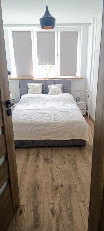 a bedroom with a large bed with two windows at Apartament Polna in Puławy