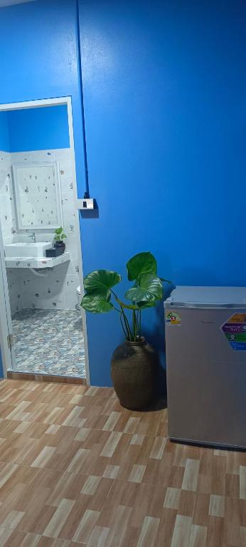 a blue room with a potted plant next to a bathroom at King seafood koh kood in Ban Khlong Mat