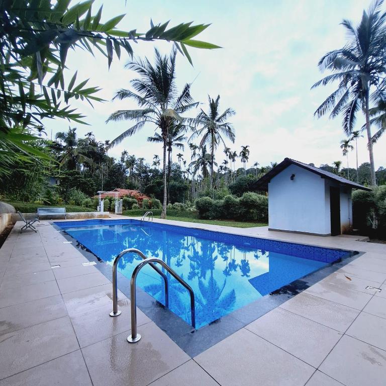 a swimming pool in a resort with palm trees at Himadri Retreat Wayanad in Kaniyāmbetta