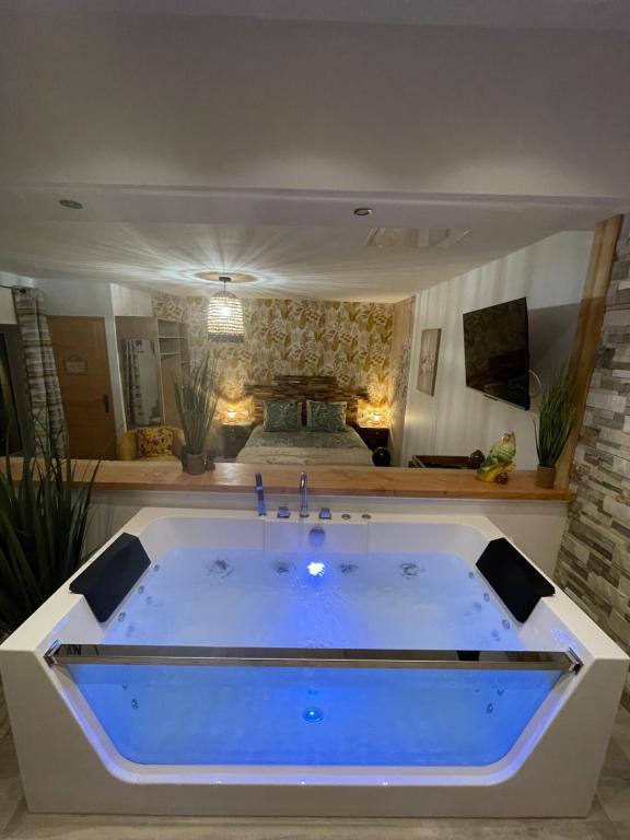 - une grande baignoire dans une chambre avec un lit dans l'établissement Le Temps d une Escapade, à Saint-Savinien