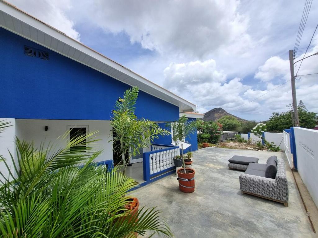 a blue and white house with a patio with plants at Relaxt vakantiehuis Flamboyante dichtbij 5 stranden in Sint Michiel
