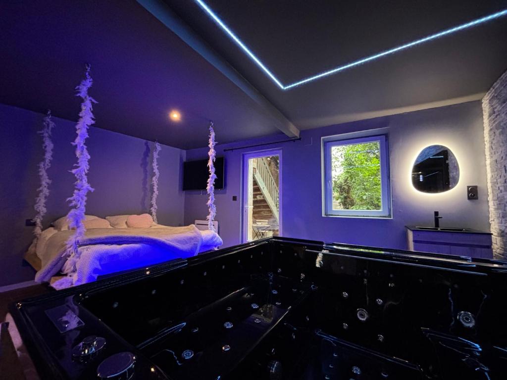purpurowa sypialnia z łóżkiem i wanną w obiekcie Aux 67 nuances - Spa w mieście Châtenois