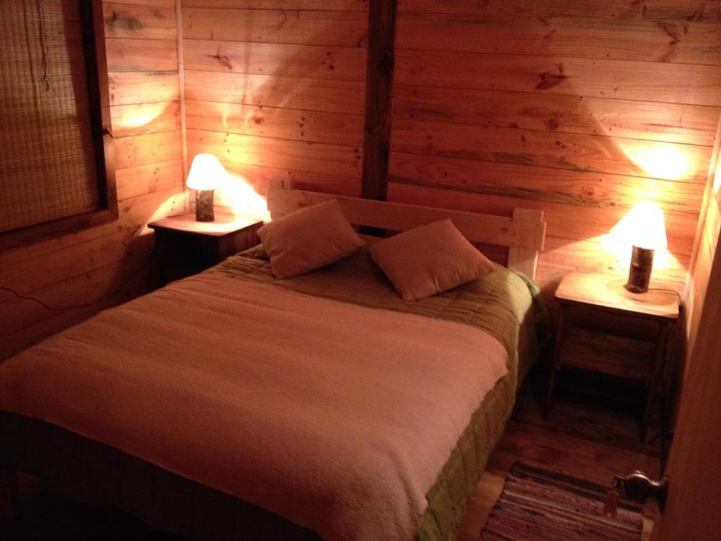 a bedroom with a bed and two lamps on tables at Onai Hostel in Las Trancas