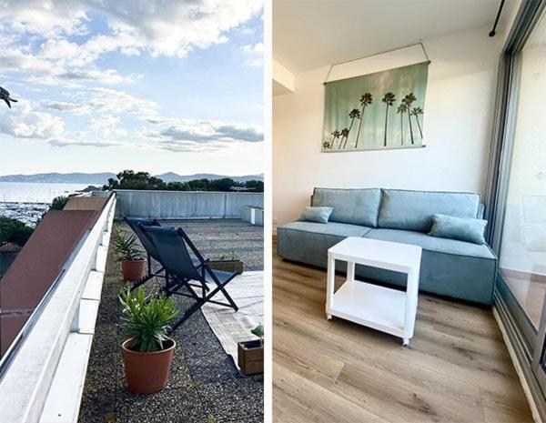 - deux photos d'un salon avec un canapé et une table dans l'établissement Beautiful Private rooftop with sea view 4 people, à Saint-Raphaël