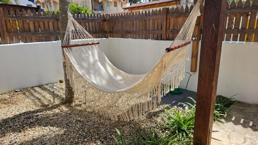 a hammock hanging from a tree in a yard at Serenity Dominicus in La Laguna