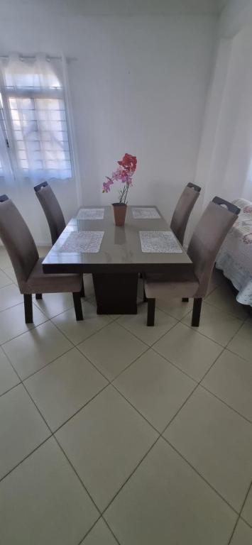 een eettafel en stoelen met een potplant erop bij Suíte Master, Ar condicionado,Tela Cinema 150" Netflix, Globo Pousada Tijucas Lua Encantada in Tijucas