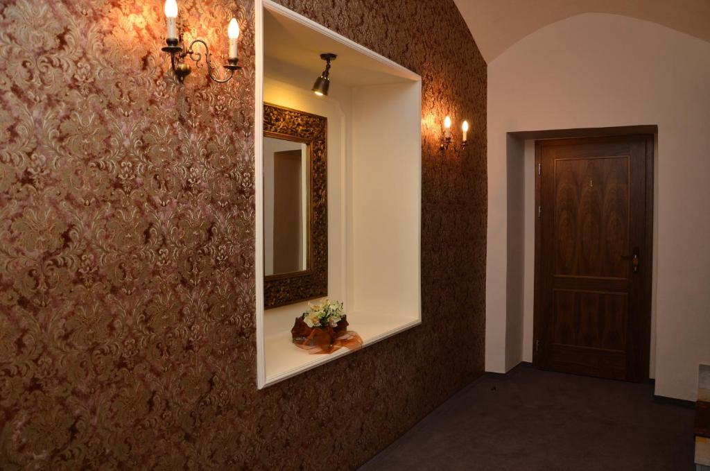 a hallway with a mirror and a brown wall at Hotel Bouček in Kroměříž