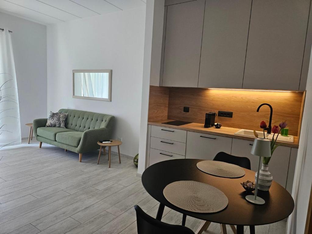 kuchnia i salon ze stołem i kanapą w obiekcie Apartments Cocaletto5 w Rovinj