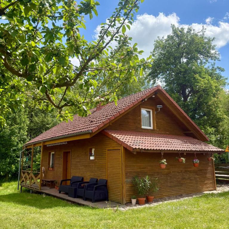a small wooden house with blue chairs in the yard at Domek nad Paklicą in Nowy Dworek