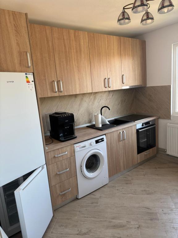 a kitchen with a washing machine and a refrigerator at Timi&Amos in Caransebeş