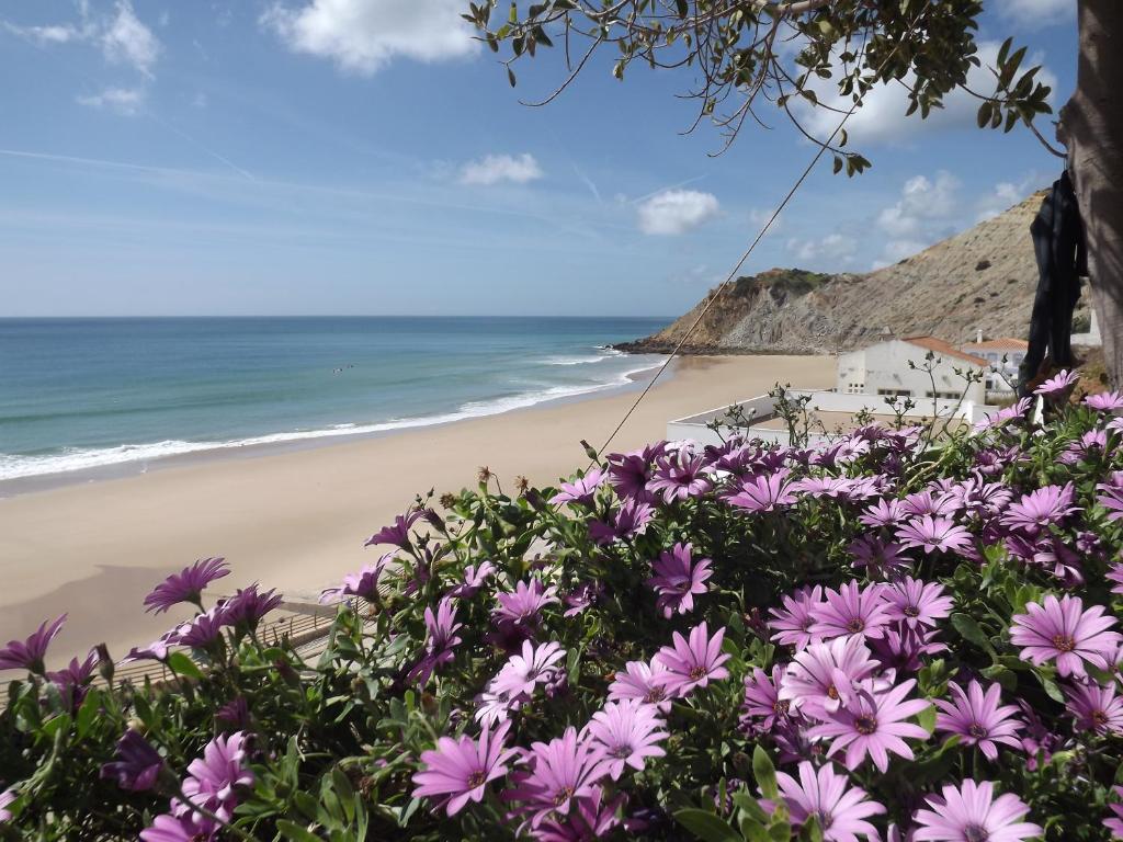 a bunch of purple flowers in front of a beach at Burgau Ocean View Apartment in Burgau