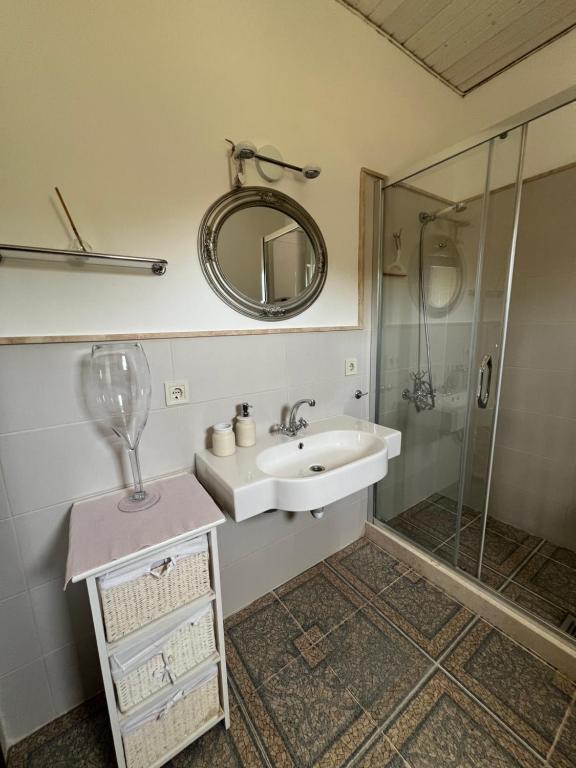 a bathroom with a sink and a shower with a mirror at Villa SHU in Krimovice