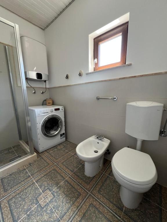 a bathroom with a toilet and a washing machine at Villa SHU in Krimovice