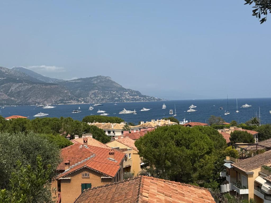 - une vue sur une ville avec des bateaux dans l'eau dans l'établissement Magnifique villa pieds dans l eau Saint Jean Cap Ferrat, à Saint-Jean-Cap-Ferrat