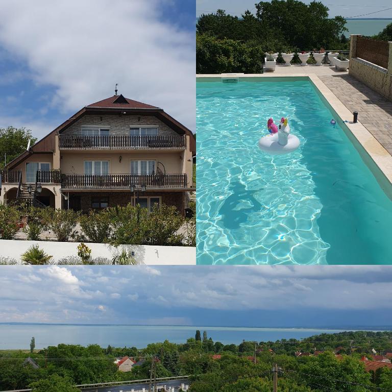 a collage of photos with a house and a swimming pool at Annabella Apartmanház in Balatongyörök